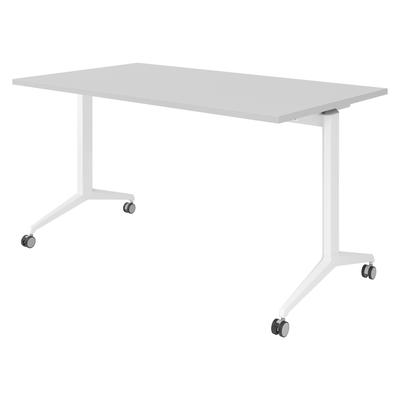bümö Seminartisch klappbar fahrbar 140x80 cm grau, Gestell weiß - Klapptisch staffelbar, mit vier Doppelrollen Büro Schulungstisch