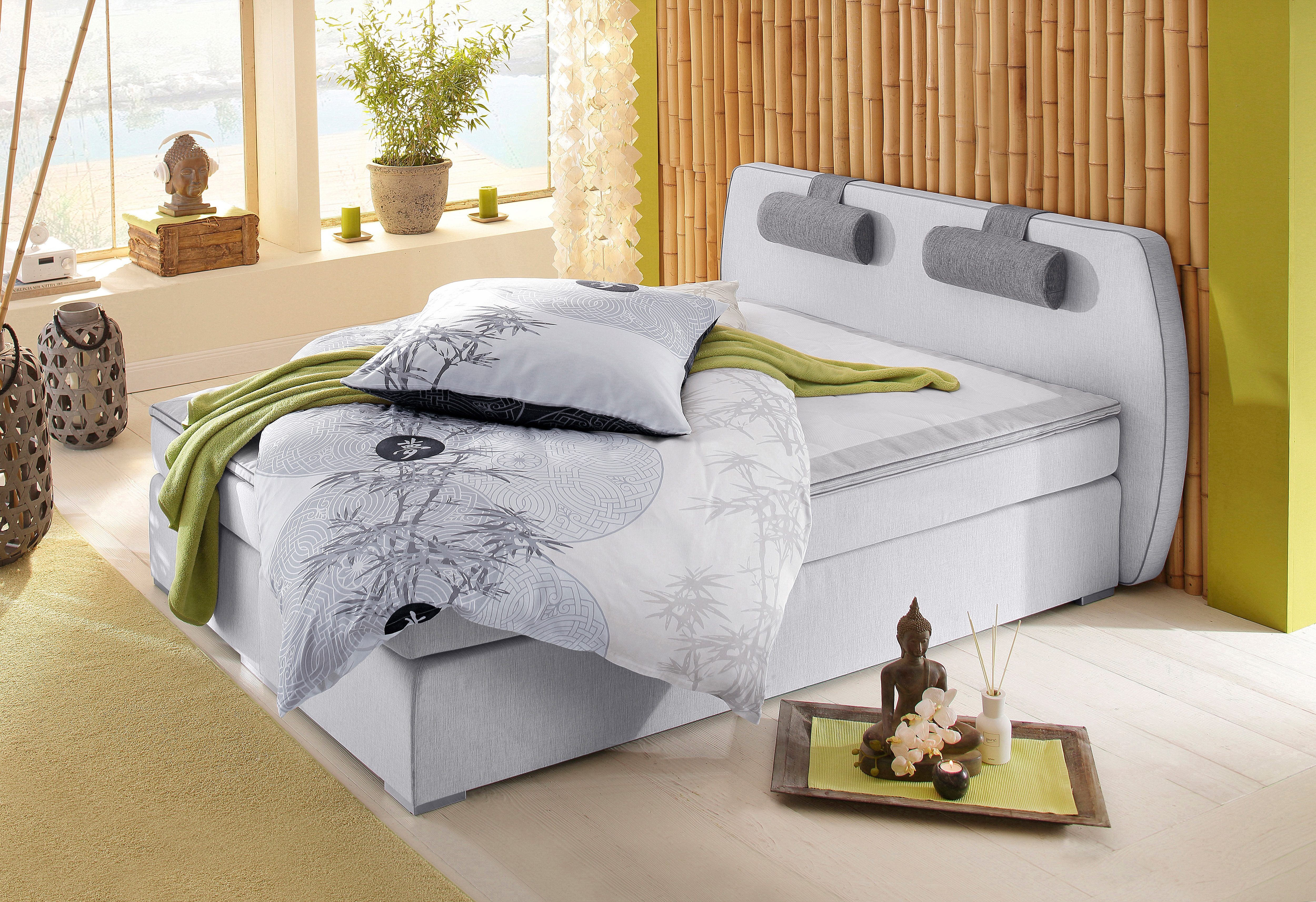 Boxspringbett "Rex", grau (hellgrau, dunkelgrau), Liegefläche B/L: 180cm x 200cm, H2 + H2, Bonnell-Federkernmatratze, Kopfteil, untere Box, Obermatratze und Topper sind mit pflegeleichtem Strukturstoff (65% Polypropelen, 35% Polyester) bezogen.;Die Nacken