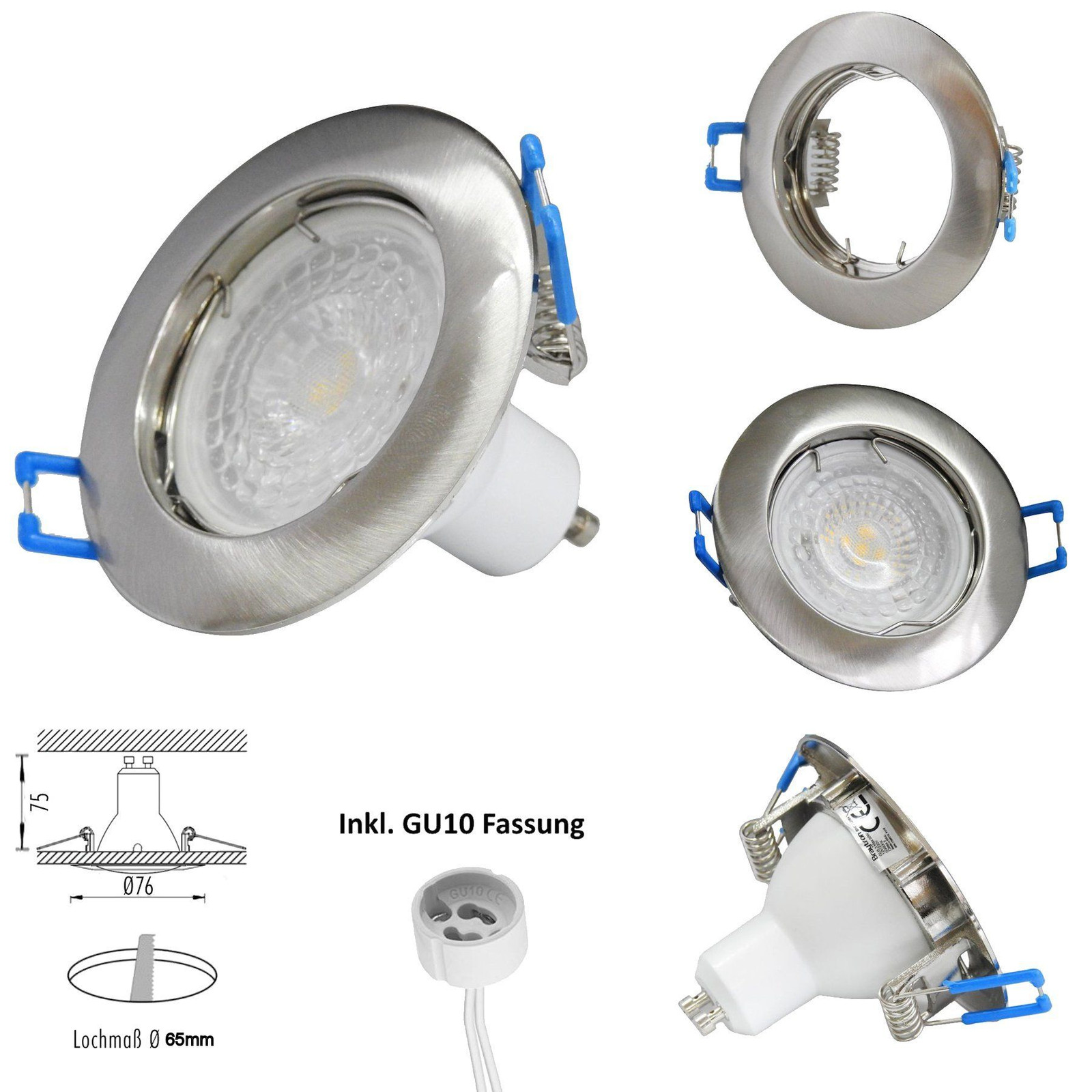 Braytron Ultradunne ronde inbouwspot met geborsteld edelstaal, diameter 65 mm, inclusief 5W GU10 LED-lamp warm wit