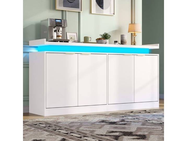 MEUBLIV Buffet de cuisine LED RGB 4 portes blanc MDF 160 cm poignées dorées grand rangement