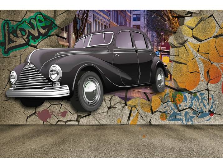 Fototapete PAPERMOON Auto durch Mauer , bunt, B:5m L:2,8m, Vlies, Tapeten, Fototapete