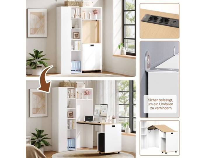 Table bureau compact pliable d'angle 104 5x30 5x160cm blanc USB bibliothèque et étagères modulables Bureau d'angle