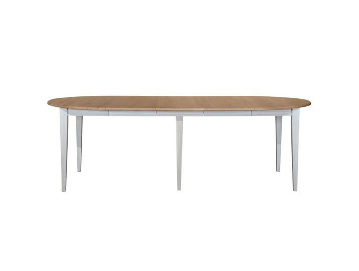Table ronde 6 pieds fuseau d115 + 3 rallonges bois blanc