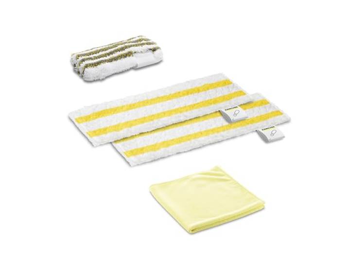 Kärcher Starter doekenset, 2 universele vloerreinigingsdoeken hoogwaardige ultrafijne vezel, 1 schuurovertrek voor het handmondstuk en 1 poetsdoek, originele accessoires voor Kärcher stoomreinigers.
