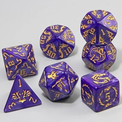 Uplift Essentials 7 Piece Dragon Pattern Marble Polyhedral Dice Set purple