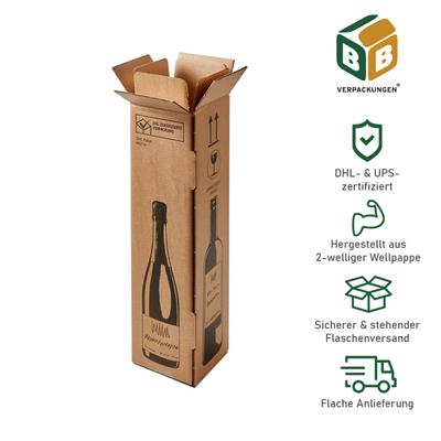 BB-Verpackungen 10 x Flaschenversandkarton für eine Flasche Wein/ Sekt (105 x 105 x 420 mm) PTZ-Zulassung für DHL und UPS