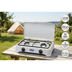 Parker Zweiflamm Gaskocher, Campingkocher, weiß mit Deckel 50 mbar