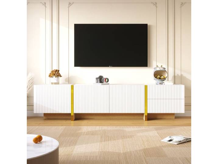 Meuble TV Meuble TV De Salon Avec 2 Tiroirs Et 3 Portes 190x35x45 cm Blanc Meuble de Rangement Style Moderne Meuble TV en Bois