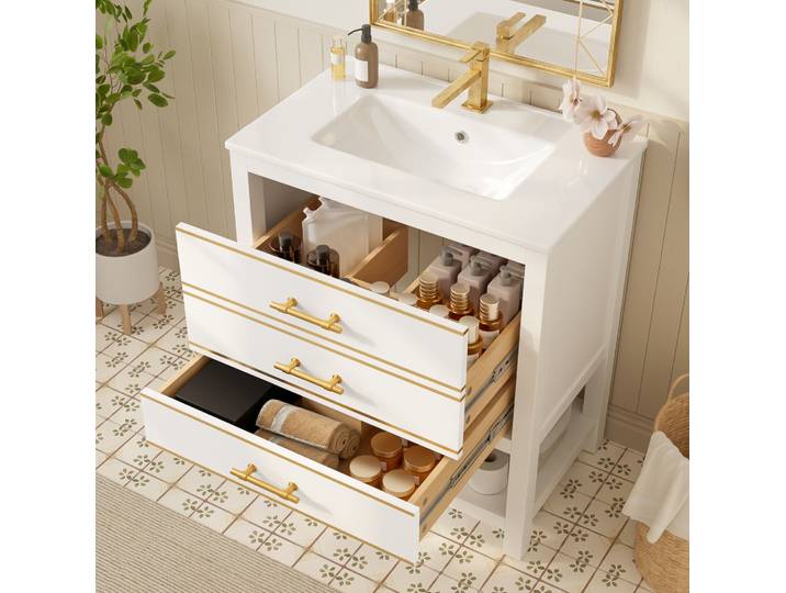 Redom - Meuble Vasque 76 Cm\, Lavabo En Céramique\, 2 Tiroirs\, Niche Ouverte\, Mdf\, Blanc Et Doré