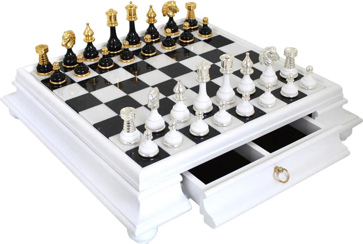 Italfama Schachspiel 47x47cm Holz-Marmor 24K Gold Silber 925 9cm