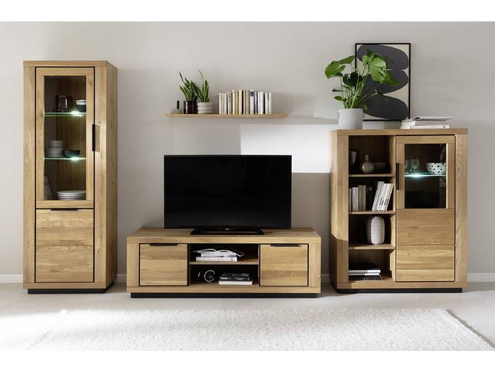 TV-Lowboard 163 cm Front: Massivholz Eiche, geölt Korpus: MDF Mitteldichte Holzfaserplatte , foliert Braun 163 x 52 x 54cm