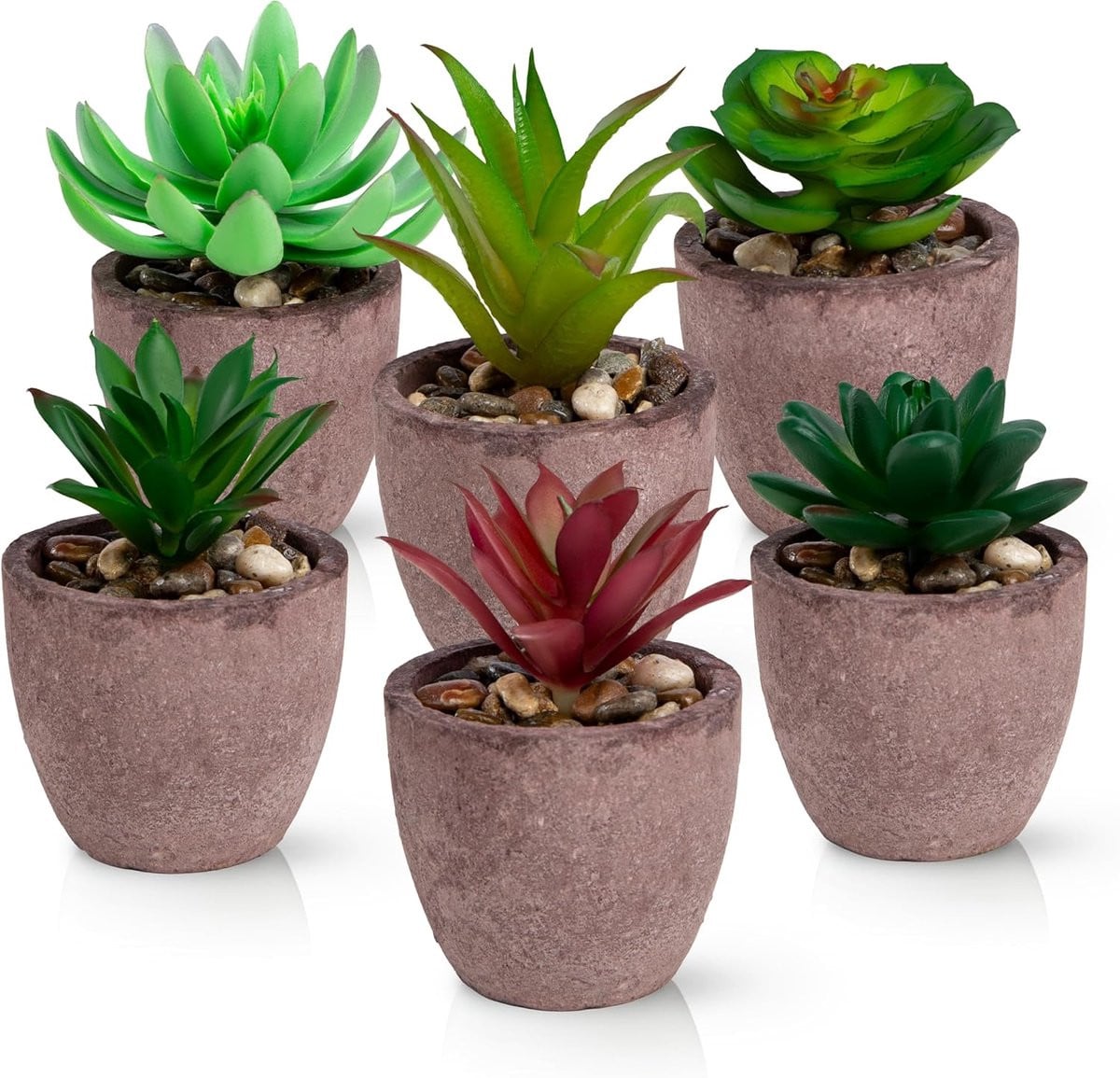 Set van 6 realistische kunstvetplanten in natuurlijke vezelpotten