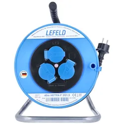 Lefeld Sicherheits Kabeltrommel, 40 m, IP44 H07RN-F 3G1,5 / 3 Steckdosen 230V