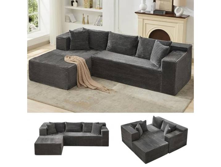 Canapé d'angle modulable 268 cm - Grand canapé-lit sectionnel - Assise profonde ultra confortable - Aucun assemblage requis -Gris