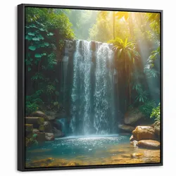 LEINWAND Bilder mit Rahmen - Wasserfall - Dschungel - Sonne - Grün - Natur - 50x50