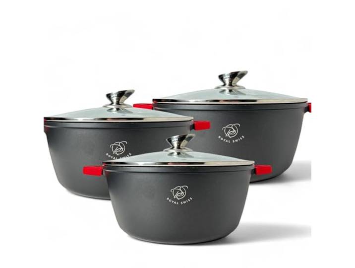 Royal Swiss® Induction Schmortopf, 3-teiliges Pfannen-Set, XL-Pfanne, Groot Marmite, ofenfest, Antihaftbeschichtung, Schwarz