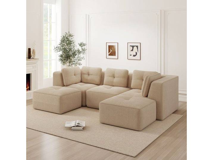 Canapé d'Angle Modulaire en U sans Cadre avec Ottoman Sofa 3 Places en Velours Côtelé Assise Profonde Sans Montage Beige