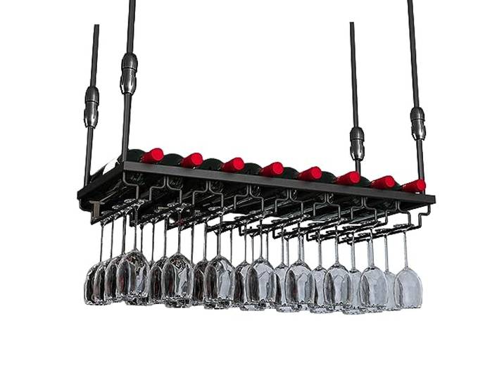 LigedamaiEU Weinregal aus Metall zur Deckenmontage mit verstellbaren Hängestangen, Weinflaschen-Aufbewahrungsregal for Zwei Zwecke und umgedrehten Stielgläsern(Black,100CMX30CM)