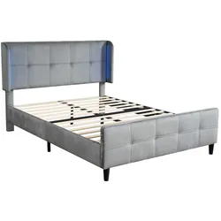 MODFU Polsterbett 140x200 Samt LED 16 Farben verstellbares Kopfteil Lattenrost Schlafzimmer modernes Bett komfortabel Grau
