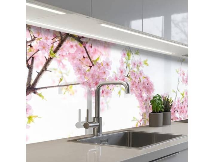 KitchenYeah© Spritzschutz Küche Küchen Rückwand Küchendeko Wand Wandschutz 80x300 cm - Selbstklebend Backsplash Kitchen Peel And Stick Kirschblüte - Rosa - Blumen - Sakura - Natur