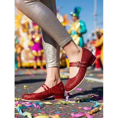 Damen Mardi Gras Glitzer Mary Jane Schuhe – Funkelnde Doppelriemen Niedrigblockabsätze festliche Karnevalsparty-Fußbekleidung für Umzugsteilnehmer Tänzerinnen und Feier-Outfits