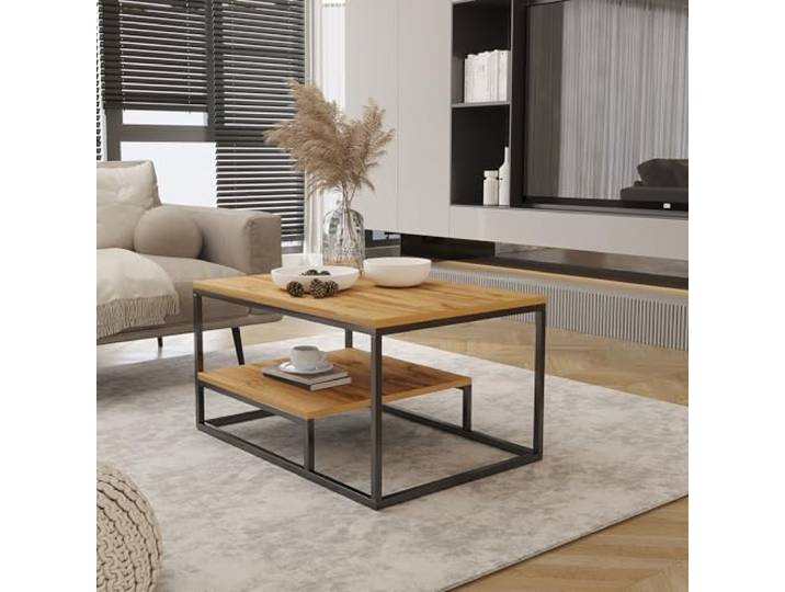 Design Möbel Couchtisch mit Ablage 90 Couchtisch Wohnzimmertisch Kaffeetisch Sofatisch Tischplatte Tisch mit unterer Ablage Beine aus Metall Industrieller Stil Basic