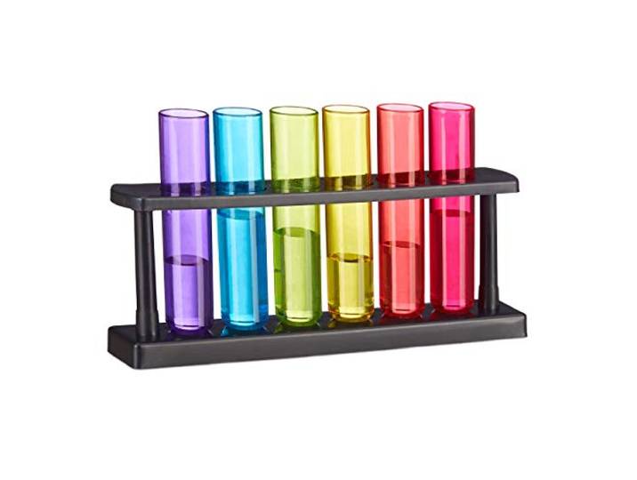 Relaxdays Verres à shots éprouvettes\, 6 shooters à liqueur amusants\, support\, 4 cl\, tubes à essais\, plastique\, coloré