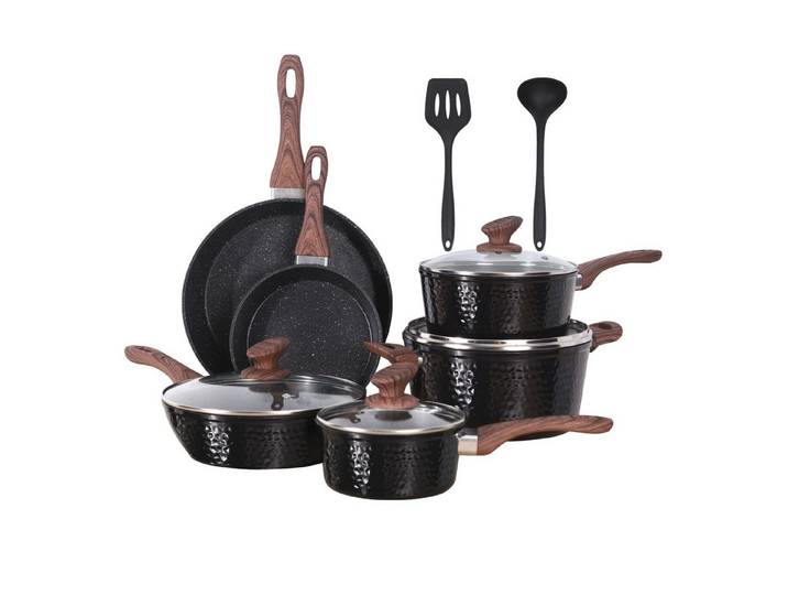 Kitchen Academy Topf-Set, Aluminium, Granit (20,3 cm/27,9 cm Bratpfanne, 1,5qt/3qt Stieltopf mit Deckel, 3qt/5qt Kasserolle mit Deckel, 2 Silikonspatel), Induktionskochgeschirr-Set 12-tlg Antihaft-Kochgeschirr-Set