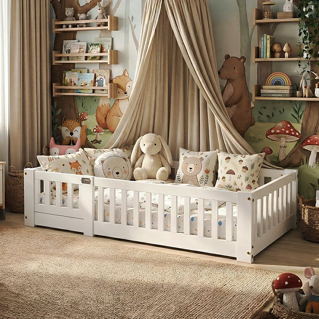 Fairmont Park Solid Pine Montessori Floor Bed with Safety Guardrails, White Toddler Bed Frame in Multiple Sizes White European Single (90 X 200cm)
