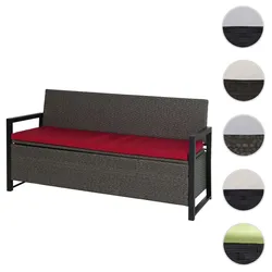 Poly-Rattan 3er Sitzbank HWC-F39, Gartenbank Truhenbank, Staufach Aufbewahrung 164cm ~ grau, Kissen bordeaux