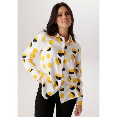 Hemdbluse ANISTON SELECTED, Damen, Gr. 46, gelb (weiß, gelb, schwarz), Web, Obermaterial: 100% Viskose, bedruckt, gemustert, gepunktet, figurumspielend Po-bedeckend, 1-Knopf-Manschette, Blusen Hemdbluse, im trendigen und farbharmonischen Kreisverlauf