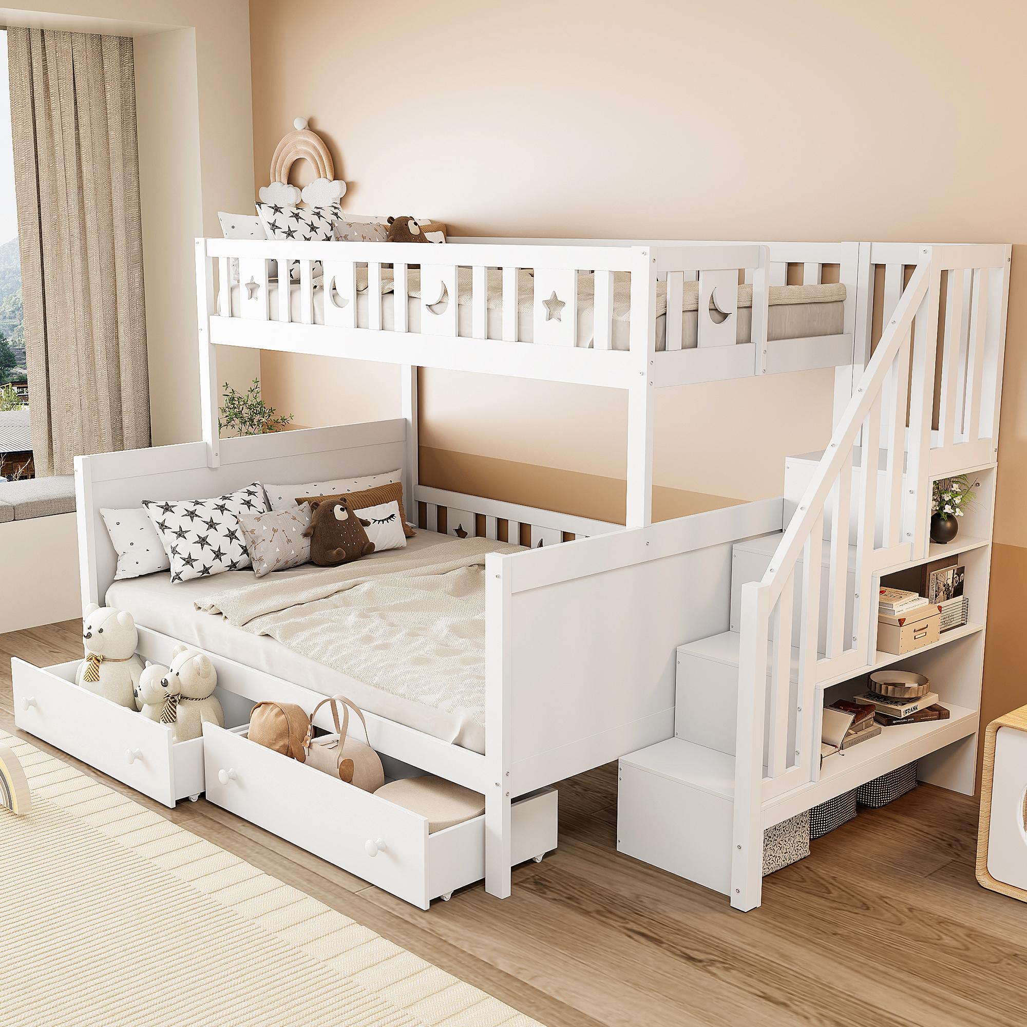 Sweiko Kinderbett 90x200/140x200cm, Etagenbett aus Massivholz mit Sicherheitstreppe, zwei großen Schubladen und Lattenrost, weiß