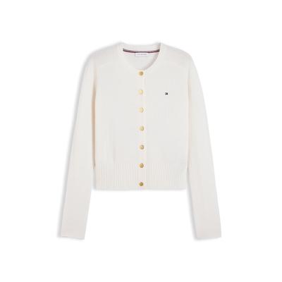 Strickjacke TOMMY HILFIGER "SOFT WOOL JERSEY SLIM CARDI", Damen, Gr. XL (46), weiß (ivory petal), Strick, Obermaterial: 100% Wolle, unifarben, slim fit normal, Rundhals, Strickjacken Strickjacke, aus reiner Wolle, slim fit
