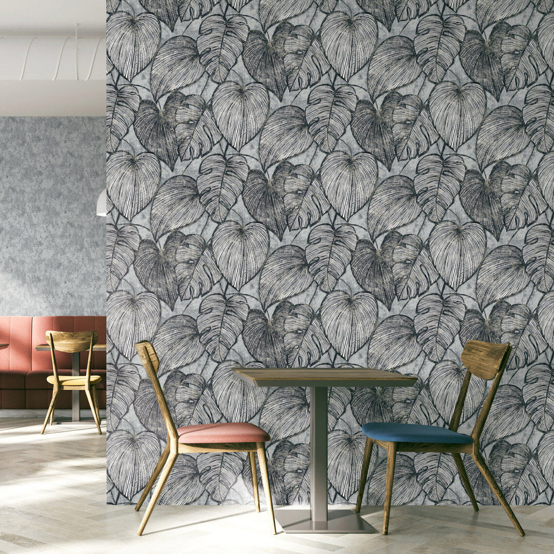 Marlow Home Co. Thaler Large Shimmery Monstera Leaf 8.5m x 70cm Wallpaper Roll Monochrome
