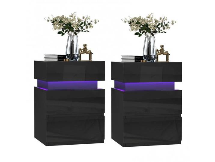 OHMG-Table De Chevet À Deux Tiroirs-Bande Lumineuse Multicolore-Haut Push-Pull-Pour La Chambre Et Salon-40x35x55cm-Stockage-Noir