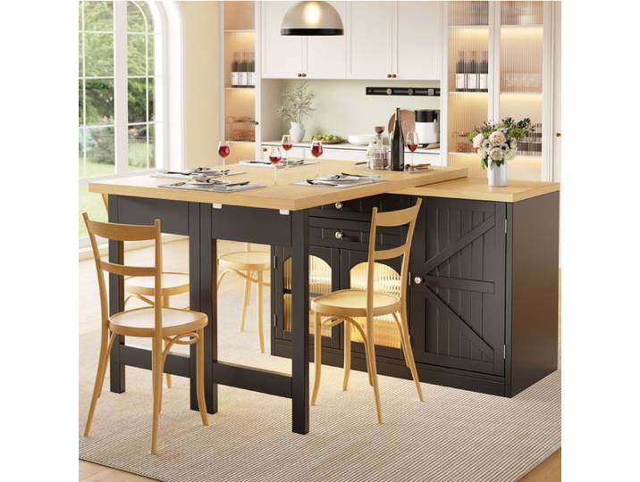 Îlot central de cuisine extensible 120-194 cm noir plateau rotatif 360° portes vitrées