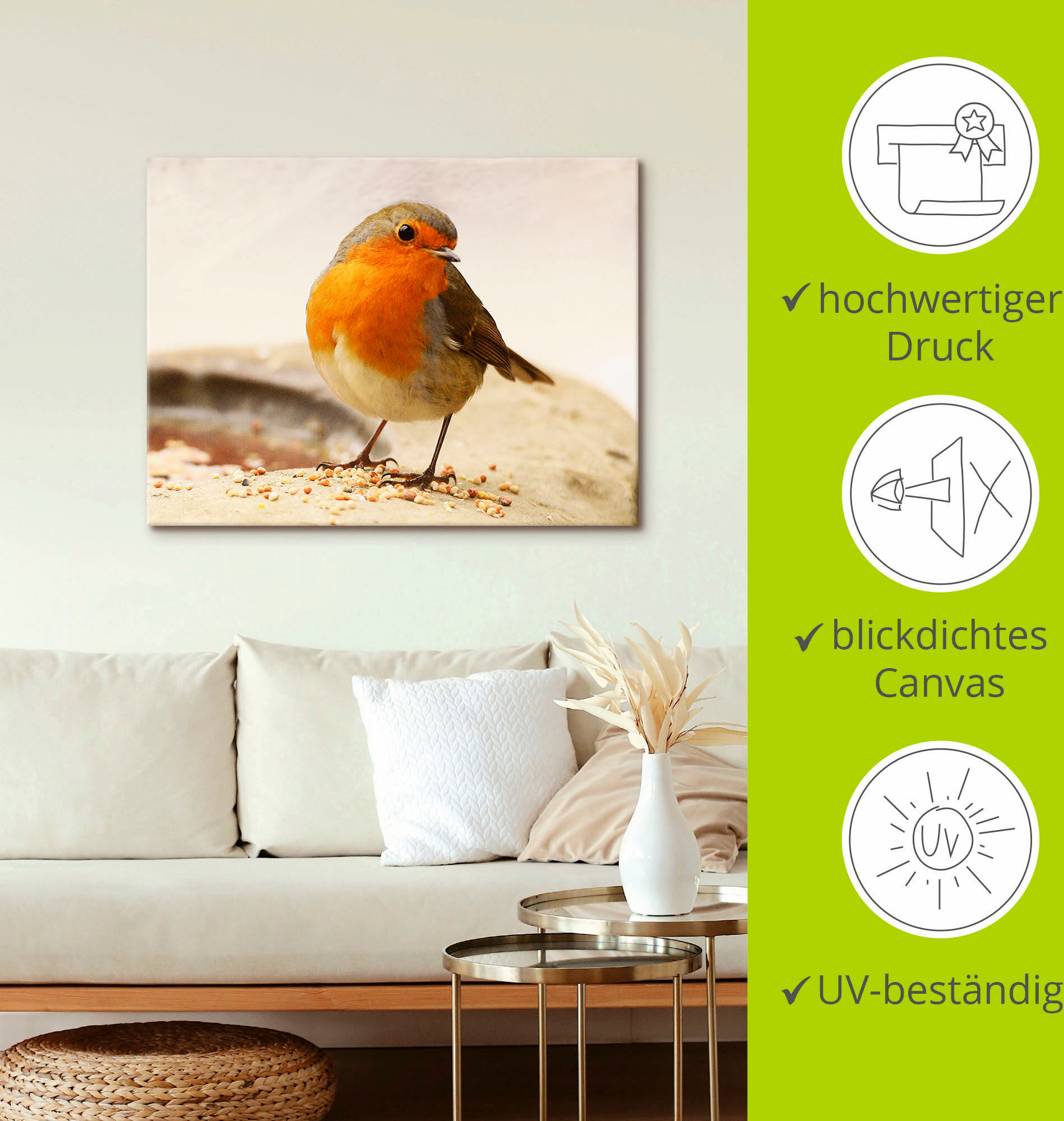 Leinwandbild ARTLAND "Rotkehlchen", braun (farbe bild(er): braun), B:80cm H:60cm, Bilder, Leinwandbild, auf Holzrahmen gespannt farbe bild(er): braun B/H/T: 80cm x 60cm, Leinwandbild Vögel Querformat, 1 Stk.
