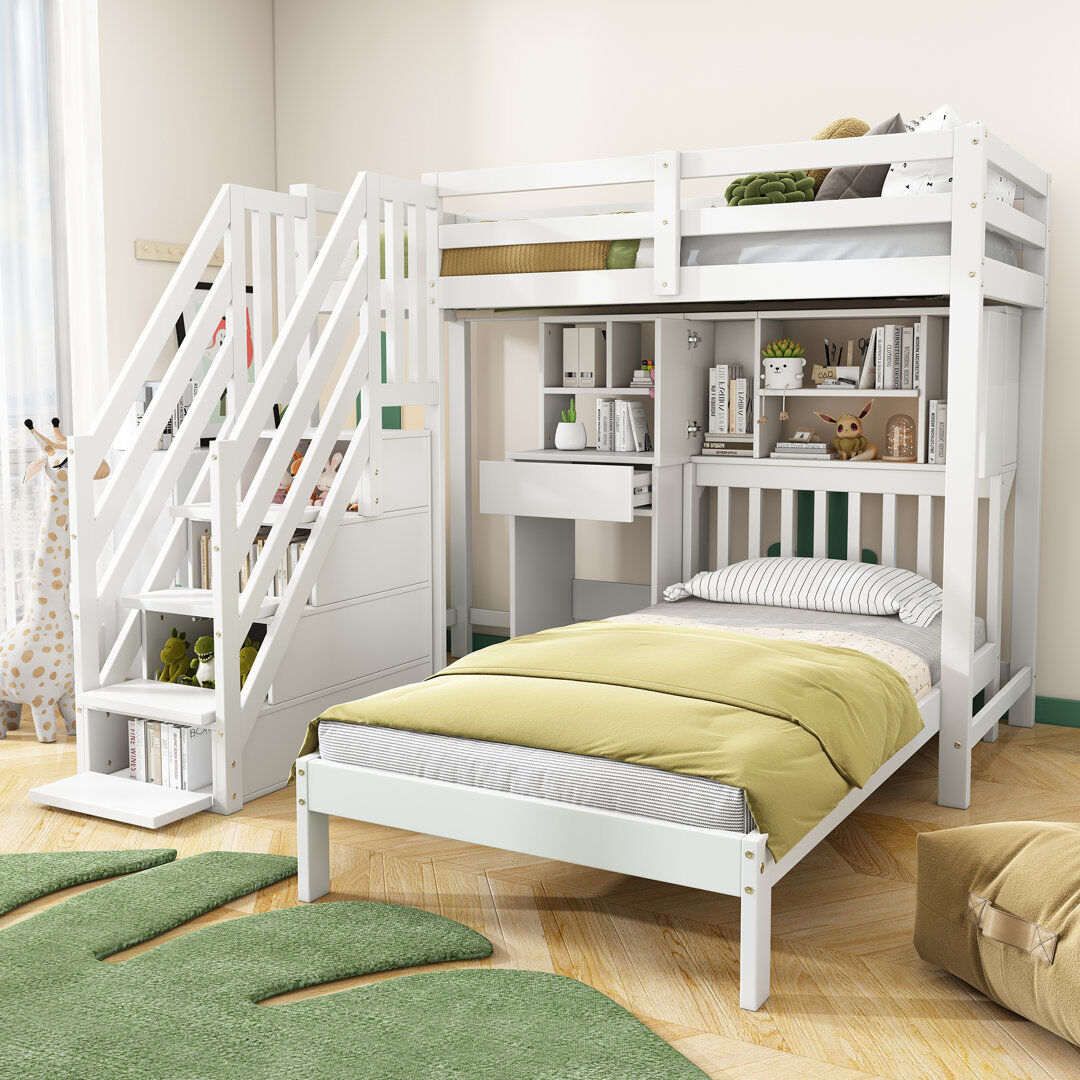 Rebrilliant Single (3') Bunk Bed with bookshelf and storage stairs white White