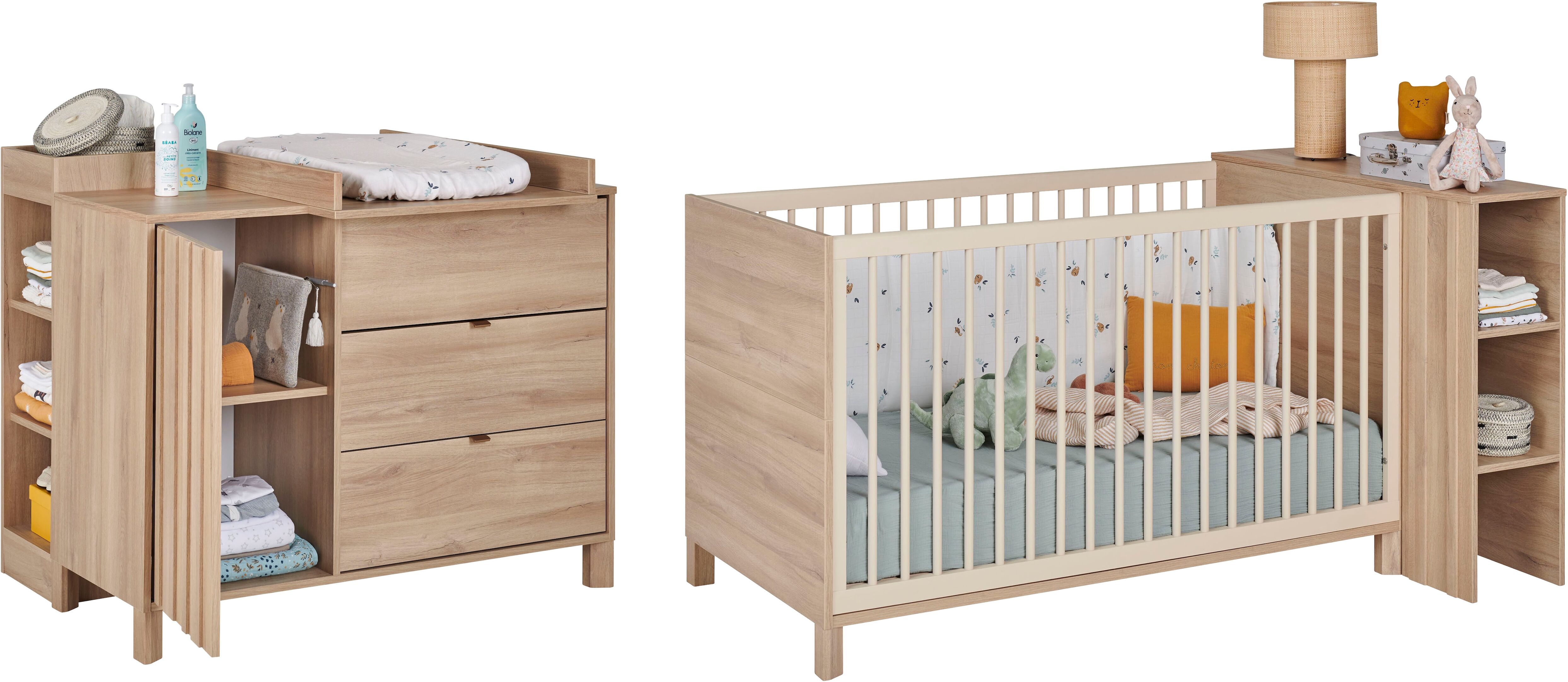 Babyzimmer-Komplettset GAMI "Set N2 Calypso", braun (eiche bocage nachbildung), Eiche bocage Nachbildung + ohne Matratze, B/H: 70cm x 140cm, Eiche bocage Nachbildung, Schlafzimmermöbel-Sets, Ein Schlafzimmer mit viel Stauraum