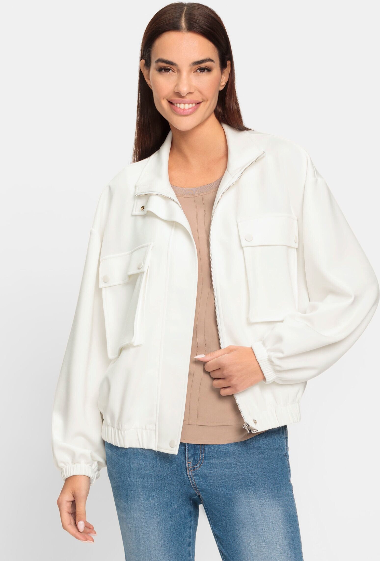 Shirtjacke HEINE "Jersey-Jacke Sweatjacke mit Blasebalg-Taschen", Damen, Gr. 44, weiß (ecru), Modisch, Shirts Shirtjacke