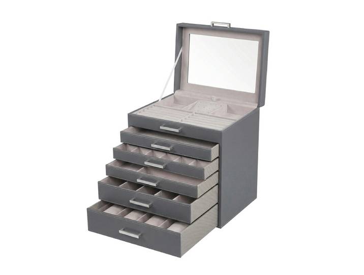 JOYFURNOS Boîte à Bijoux 6 Niveaux, Écrin à Accessoires, avec Grand Miroir, 5 Tiroirs, Rangement pour Bijoux, Moderne, Gris