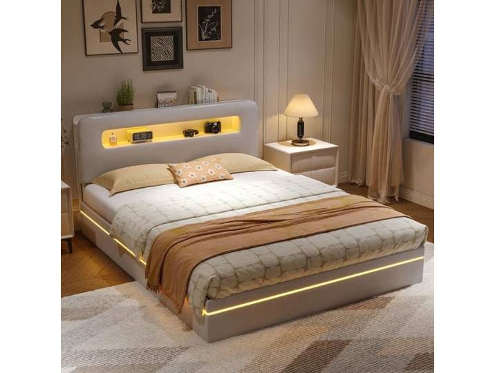 Lit Coffre 160x200 Lit Rembourré LED Hydraulique Lit Capitonné Lit Double Rembourré Lit Pour Adulte Coffre avec Sommier à Lattes