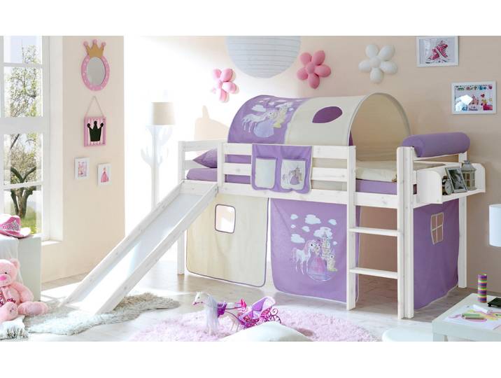 Hochbett TICAA Manuel , lila (kiefer massiv weiß, prinzessin, lila), B:217cm H:114cm L:205cm, Hochbetten, Hochbett, mit Rollrost in verschied. Ausführungen wahlweise mit Matratze, weiss
