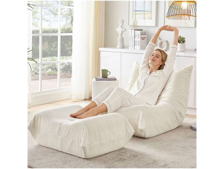 VUENOR Chauffeuse de relaxation beige en tissu peluche avec dossier et repose-pieds sans montage