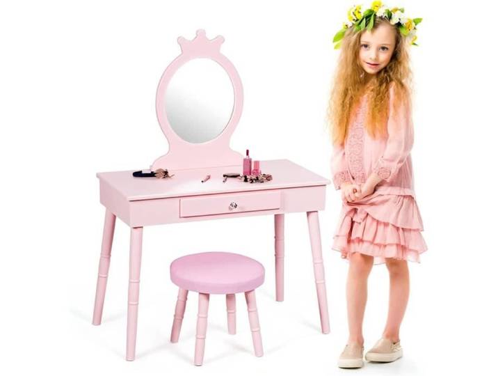 GOPLUS Coiffeuse pour enfants avec tabouret coiffeuse et chaise table cosmétique avec miroir et tiroir également comme bureau Rose