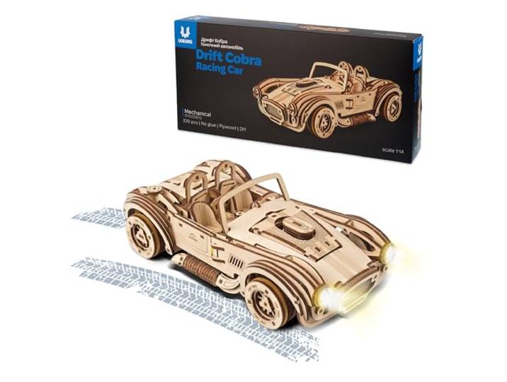 UGEARS Vintage Car 3D-puzzel - Drift Cobra Racing Car 3D-puzzels Modelautokit met krachtige veermotor - Automodelkits voor volwassenen om te bouwen - Mechanische 3D houten puzzels