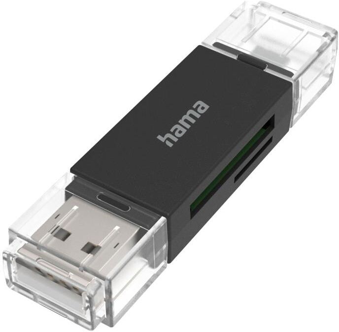 Hama Speicherkartenleser "Ham USB-Kartenleser, OTG, USB-A + Micro-USB USB 2.0, SD/microSD", schwarz, B:0,19cm H:0,11cm T:0,74cm, Chipkartenleser, Speicherkartenleser