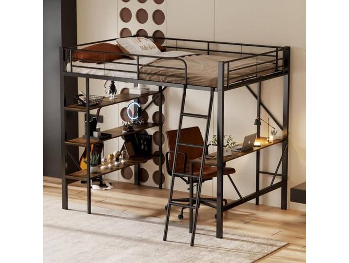 Lit Mezzanine Métal 90x200cm - Bureau Intégré - 3 Étagères - Sécurité EN747 - Noir