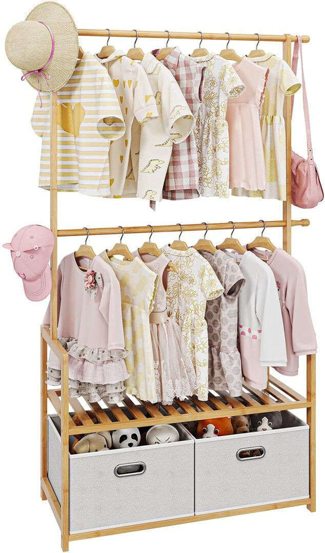 Borough Wharf Clothing Rack Bamboo with 2 Storage Baskets, Adjustable Hanging Rods, Garment Holder with Shelf, Dress up Racks
