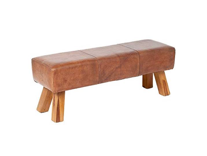 LEBENSwohnART MAXI Lederbank, Echtleder Sitzbank, Teakholz 120cm, Cognac Gepolsterte Sitzbank mit Lederbezug und Holzuntergestell im Turnbock-Look für Flur, Wohnbereich oder Schlafzimmer